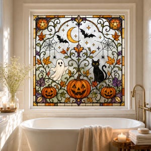 Folia zabezpieczająca okno przed utratą prywatności na Halloween, witraż z dynią, nietoperzem i duchem kota, dostępna w niestandardowym rozmiarze