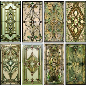 May include: Eight rectangular stained glass panels with intricate floral and geometric designs in shades of green, gold, and cream. Each panel features a black border and varying levels of detail, showcasing a variety of artistic styles.