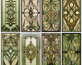 May include: Eight rectangular stained glass panels with intricate floral and geometric designs in shades of green, gold, and cream. Each panel features a black border and varying levels of detail, showcasing a variety of artistic styles.