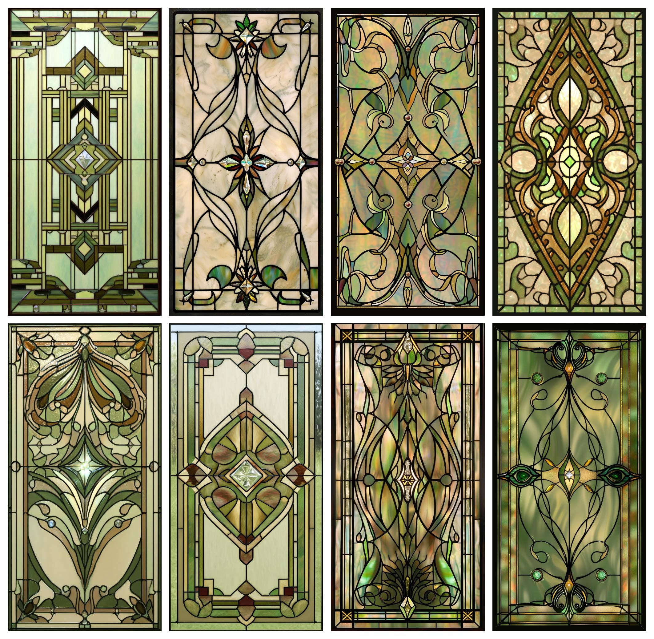 Tall Art Deco Stained Glass Window Film – Green Geometric Panel Privacy Cling for Entry Doors & Hallway Glass – Custom Size Vinyl