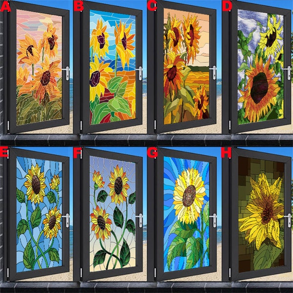 Window Film Stained Glass Stickers,Custom size Static Cling Sunflower Privacy Films Door Sticker Kitchen Office Home Decor