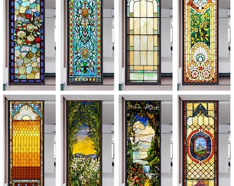 Custom Size Stained Glass Window Film Frosted Privacy Window Film Static Cling Vintage Pattern For Home Office Restaurant Shop