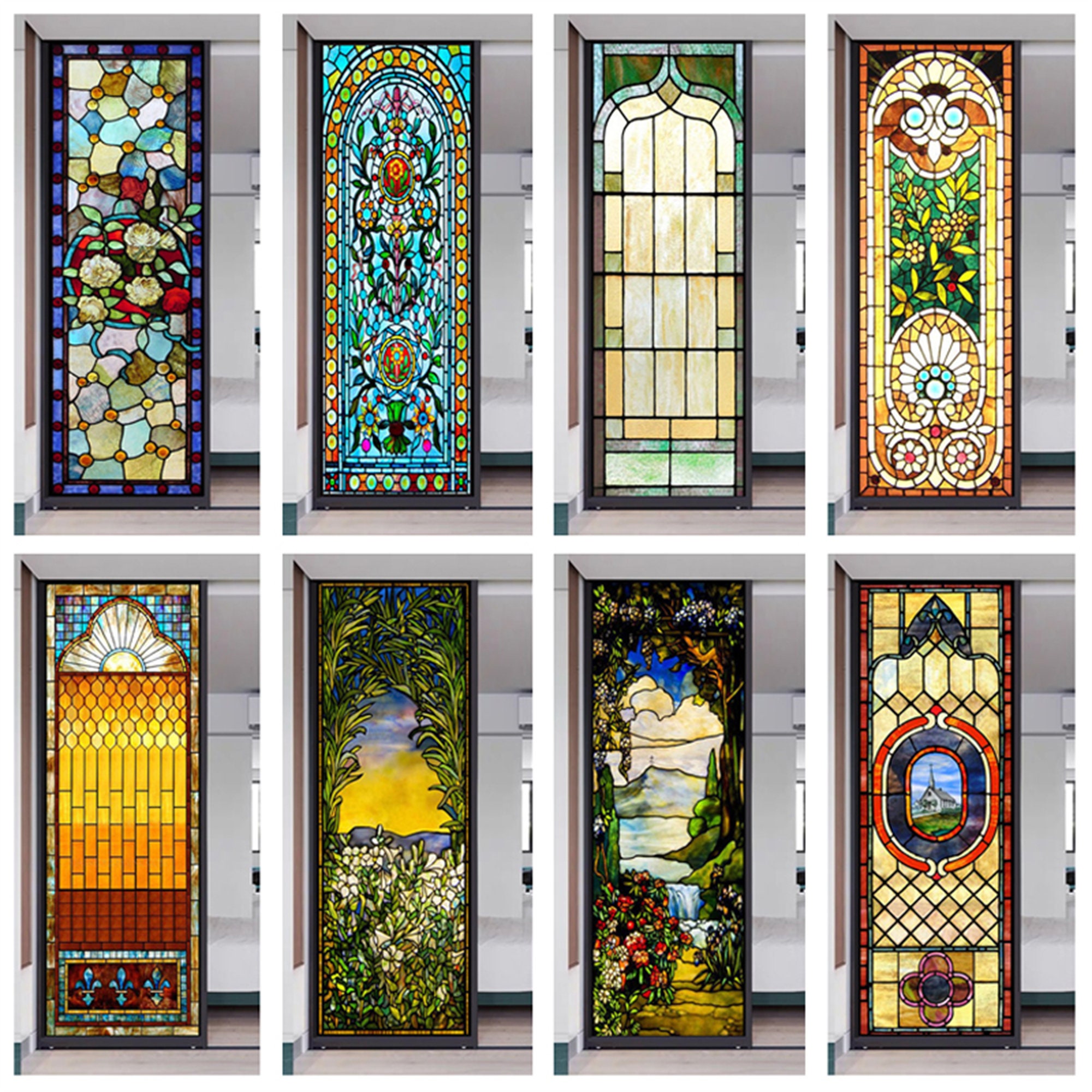 Custom Size Stained Glass Window Film Frosted Privacy Window Film Static  Cling Vintage Pattern for Home Office Restaurant Shop 