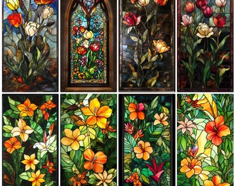 May include: Eight stained glass panels depicting floral designs. The panels feature a variety of flowers, including tulips, hibiscus, and lilies. The flowers are rendered in vibrant colors, including red, yellow, orange, and green. The panels are set against a dark background, which enhances the colors of the flowers.