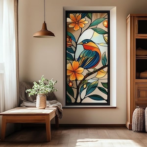 Custom Stained Glass Window Film – Bird & Floral Privacy Cling for Living Room Bedroom Kitchen | No Glue Static Frosted Decorative Cover