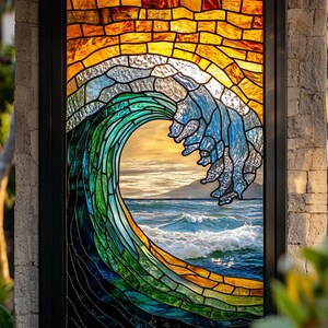 Custom Earth Tone Ocean Wave Stained Glass Window Film Privacy Decorative Cling Static Non-Adhesive