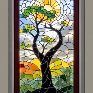 Custom Tree and Sun Stained Glass Window Film Privacy Decorative Door Cling Nature Design Static Non-Adhesive