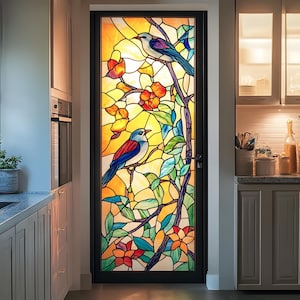 Custom Stained Glass Door Film - Bird & Floral Design, Privacy Static Cling Window Decal for Home Decor