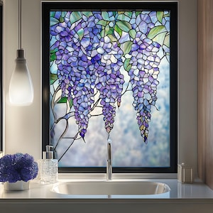 Kundenspezifischer Glyzinien-Buntglas-Fensterfilm - Sichtschutz, mattiert, statisch, für Küchen- und Badezimmerdekor