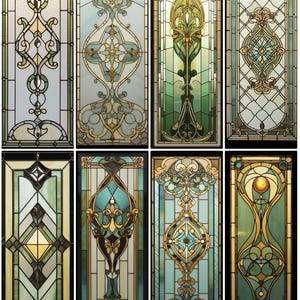 May include: Eight stained glass panels with intricate designs in shades of blue, green, and gold. The panels feature geometric shapes, floral motifs, and abstract patterns.