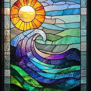 Custom Sun and Wave Stained Glass Window Film Ocean Theme Privacy Decorative Cling Static Non-Adhesive