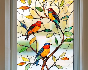Custom Vibrant Stained Glass Film - Colorful Flowers & Birds, Non-Adhesive Static Cling, Decor Window Tint