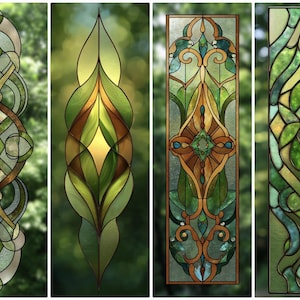 May include: Four stained glass panels with detailed designs. The panels use green, brown, and gold, with floral and abstract patterns. The glass is framed in a dark border, creating a striking visual effect. The panels are ideal for decorative purposes.
