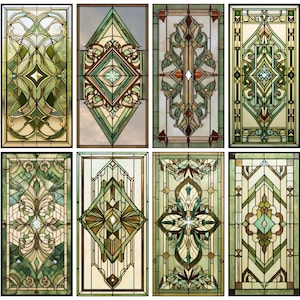 Puede incluir: Ocho paneles rectangulares de vidrieras con intrincados diseños geométricos y florales. Los paneles presentan una variedad de colores, incluyendo verde, marrón y crema, con líneas oscuras que separan los trozos de vidrio. Los diseños varían.