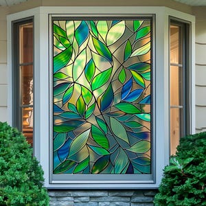 Custom Leaf Stained Glass Window Film – Green Botanical Privacy Cling for Bay Windows or Entry Doors | Nature-Inspired Static Vinyl