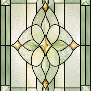 Puede incluir: Un panel rectangular de vidrieras con un motivo floral central compuesto por segmentos de vidrio texturizado en verde pálido y blanco. El diseño incluye una forma de diamante vertical con acentos de vidrio ámbar y líneas de plomo negras.