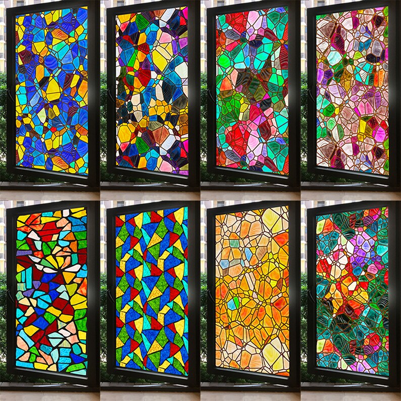 Stained Glass Privacy Window Film Custom Size, 3D Rainbow Mosaic Design
