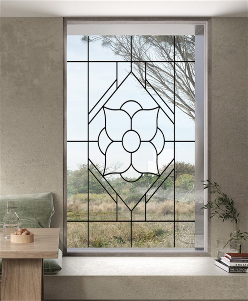 Stained Glass Window Film Transparent Glass Sticker Static Cling Iron Style Black Line Office Door Anticollision Home Decor image 4