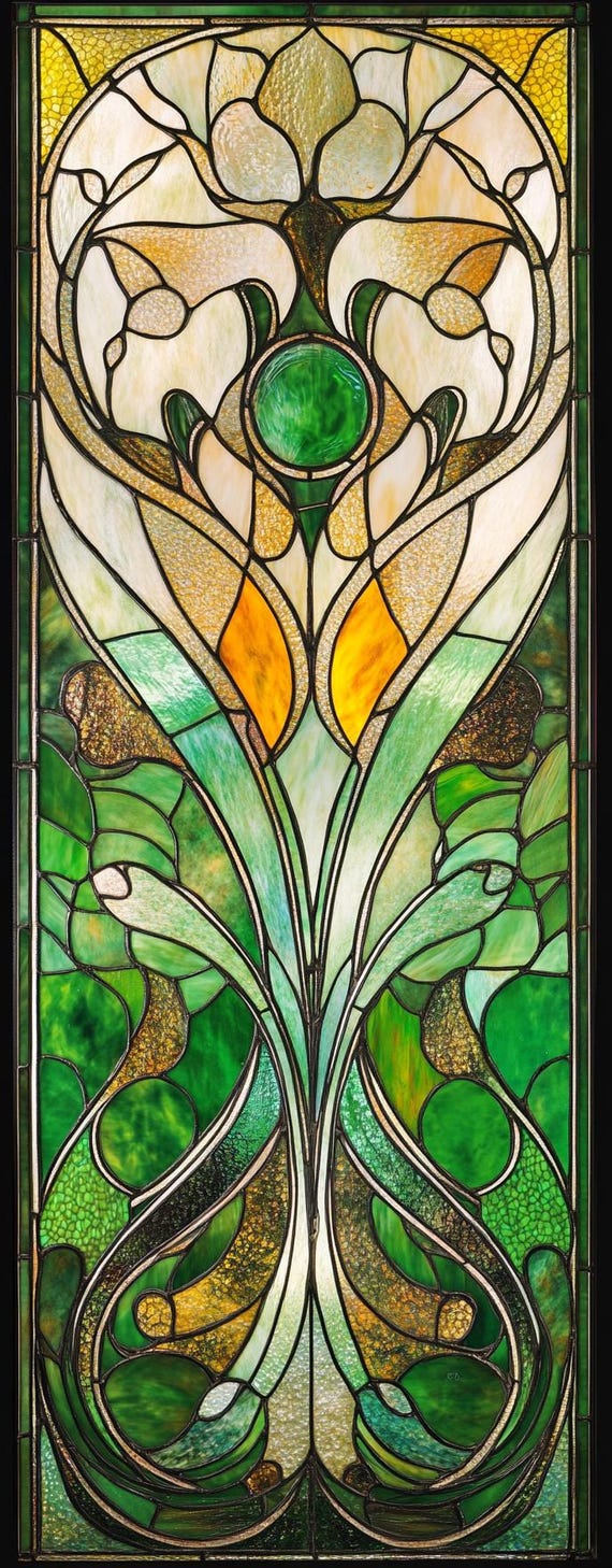 Custom Art Nouveau Stained Glass Window Film Green Ornamental