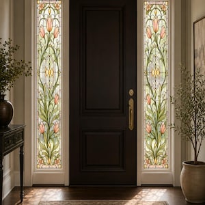 May include: A dark brown solid wood door featuring two tall rectangular sidelights with stained glass panels. The glass displays a vertical floral pattern with pink tulips, green leaves, and yellow accents set within a leaded frame.