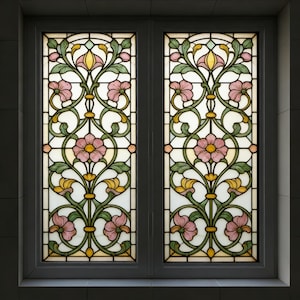 Stained Glass Window Film, Pink Green Floral Privacy Cling, Victorian Style Window Decal, Removable Non-Adhesive Window Sticker for Home