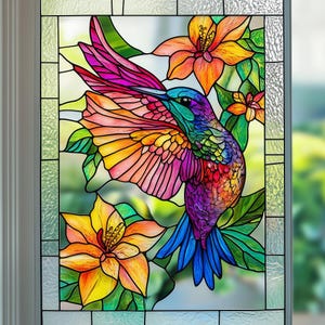 May include: A stained glass window depicting a colorful hummingbird with outstretched wings, surrounded by flowers. The hummingbird is a vibrant mix of pink, purple, blue, green, and yellow. The flowers are yellow and orange.
