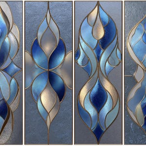 May include: Four stained glass panels with a floral design. The panels feature shades of blue, silver, and gold, outlined with gold-coloured metal. The glass has a textured appearance, and the design is symmetrical.