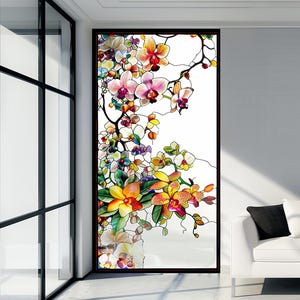 Custom Orchid Stained Glass Window Film – Floral Privacy Cling with Butterfly Design | Elegant Botanical Art | Static No-Glue Vinyl