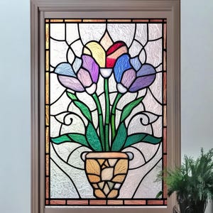 Custom Stained Glass Window Film Tulip Flower Vase – Pastel Floral Privacy Static Cling for Kitchen, Bathroom, Entryway, Decorative Window