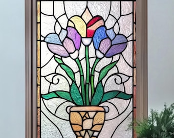 Anpassad fönsterfilm i målat glas med tulpanvas – pastellfärgad blommig sekretessfilm för kök, badrum, entré, dekorativt fönster