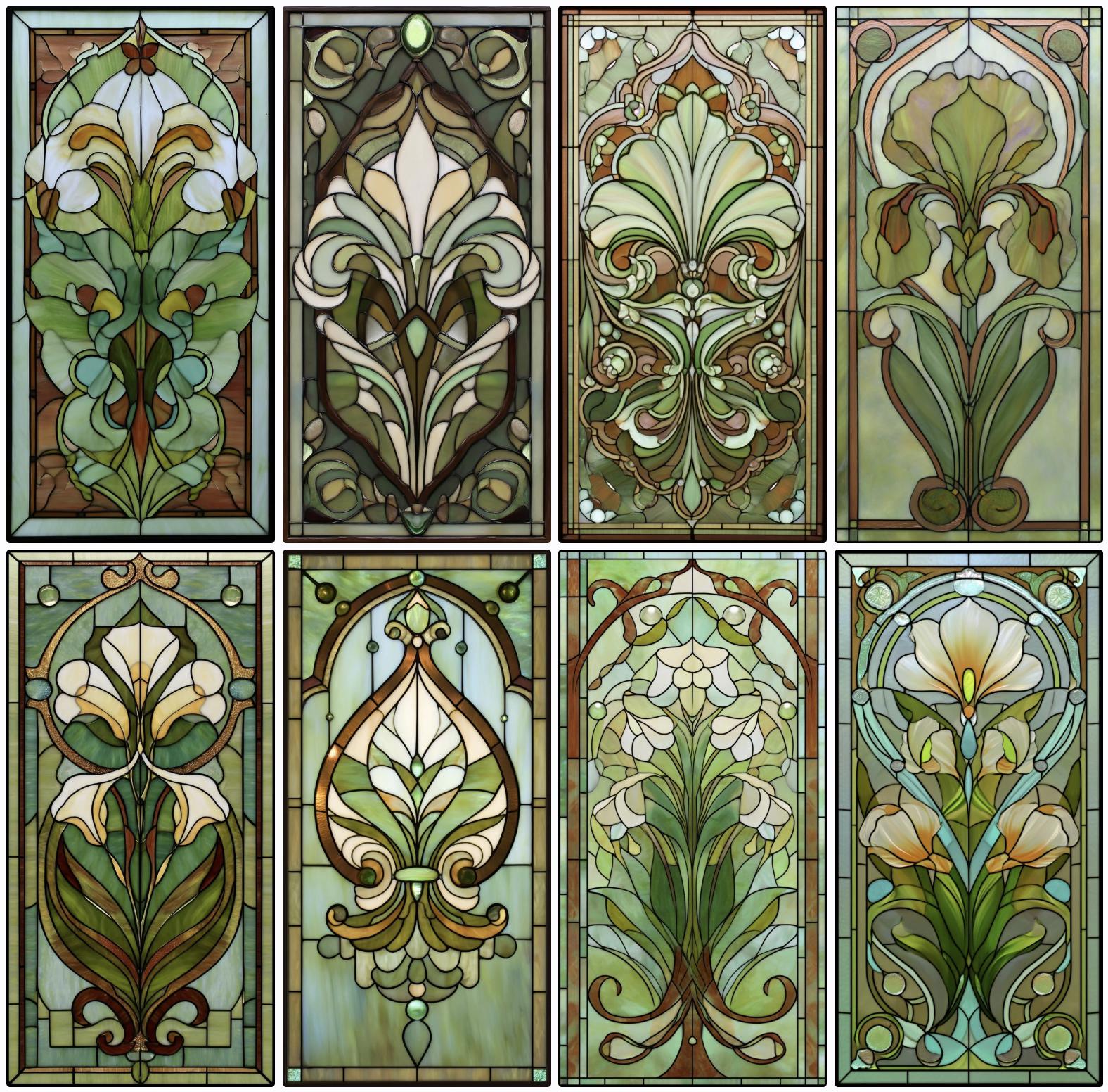 Art Nouveau Stained Glass Window Film | Sage Green & Acanthus Leaf