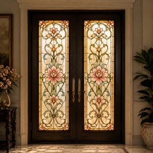 Puede incluir: Un juego de puertas dobles con marcos de madera marrón oscuro y grandes paneles rectangulares de vidrieras. El vidrio muestra un patrón floral simétrico con flores rosas, hojas verdes y enredaderas sobre un fondo texturizado.