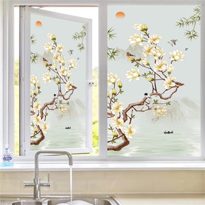 Custom Size Window Film Stained Glass Films For Door Wardrobe Windows Office Home Decor Opaque Frosted Static Cling Floral Birds