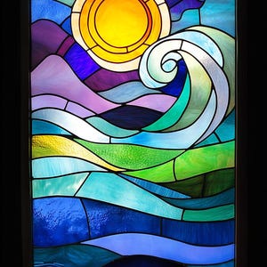 Película de privacidad para ventana con diseño de olas marinas y rayos de sol, estática, sin pegamento, tamaño personalizado