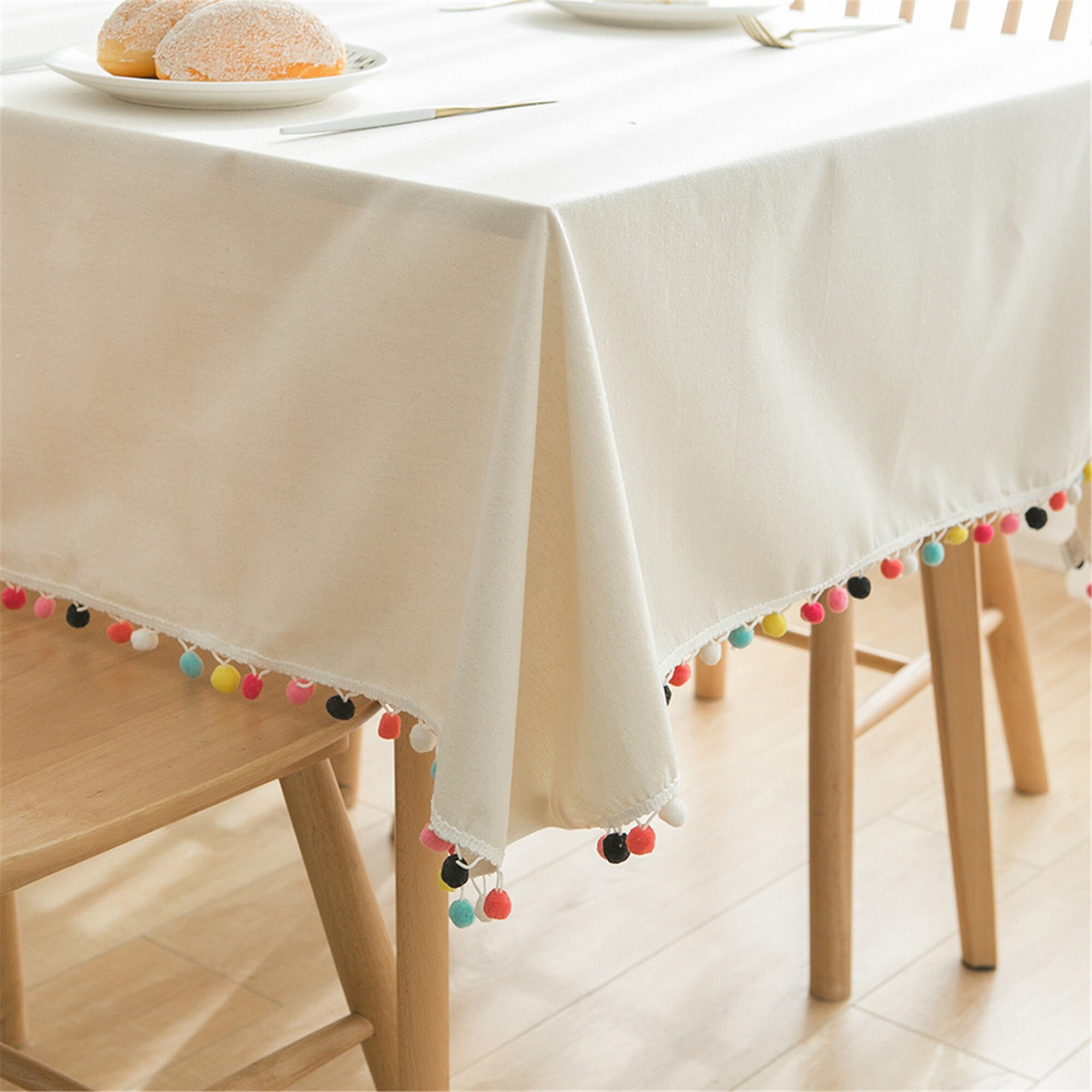 Decorative Cotton and Linen Tablecloth With Colored Wool Ball Etsy