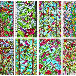 Custom Stained Glass Window Film - Vibrant Tree and Bird Design, Decorative Privacy Static Cling