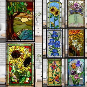 Custom Size Stained Glass Films Frosted Privacy Window Static Cling Color Printing Vintage Floral Colorful Window Door Sticker