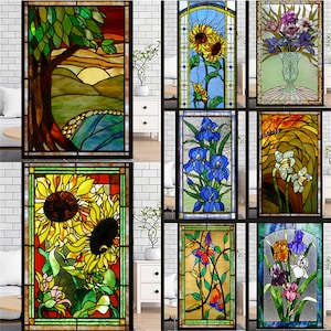 Custom Size Stained Glass Films Frosted Privacy Window Static Cling Color Printing Vintage Floral Colorful Window Door Sticker