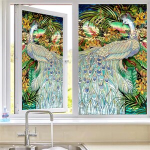 Custom Size Peacock Stained Glass Window Film Retro Color Painting Static Cling Opaque Frosted Door Sticker Hone Decor