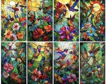 Hummingbird Stained Glass Window Film - Vibrant Privacy Cling with Tropical Flowers, UV Blocking, Static Adhesion for Home and Office Décor