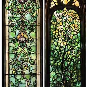 Custom Arched Botanical Stained Glass Window Film Privacy Decorative Panel Static Cling Non-Adhesive for Tall Windows