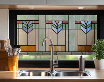 Película para ventanas con vitrales horizontales: película de privacidad geométrica verde y azul para decoración de cocina