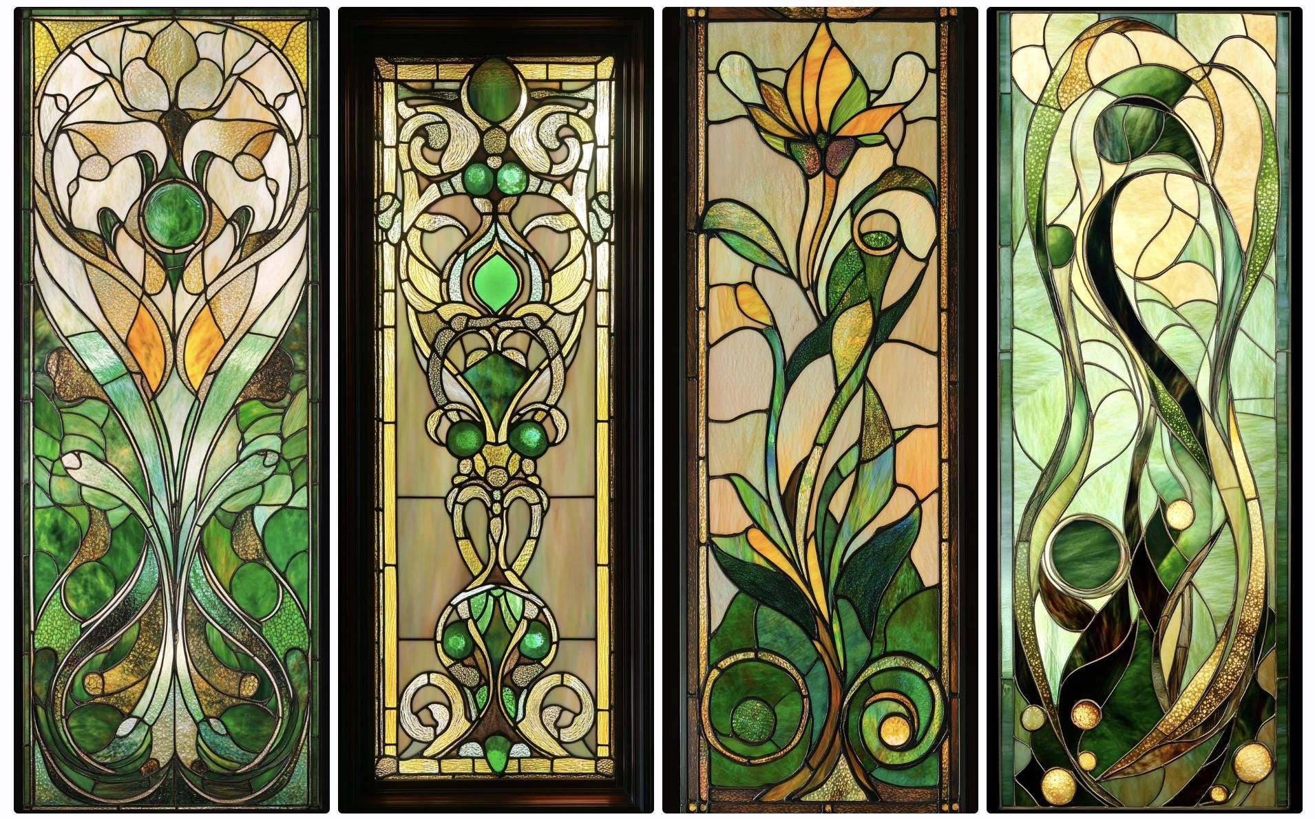Custom Art Nouveau Stained Glass Window Film Green Ornamental