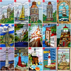 Custom Size Stained Glass Films,Privacy Static Cling,Print Castle Lighthouse Sailboat Door Sticker,Office Home Decor