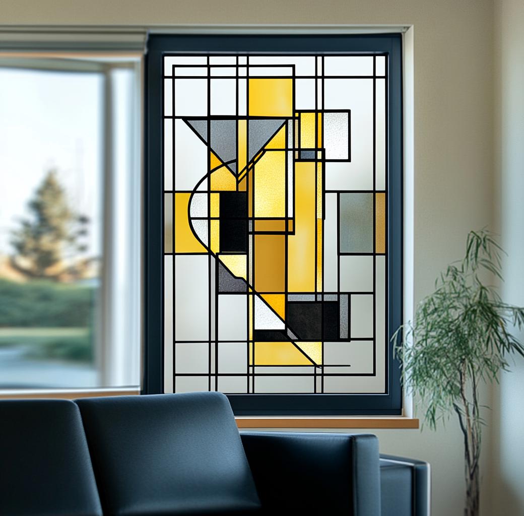 Custom Geometric Stained Glass Window Film Yellow and Black Modern Design Privacy Static Cling Non-Adhesive
