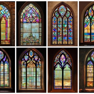 Puede incluir: Ocho ventanas de vidrieras con parte superior arqueada, que presentan diseños intrincados en tonos de azul, verde, rojo y amarillo. Las ventanas están enmarcadas en madera y parecen estar en una iglesia o catedral.