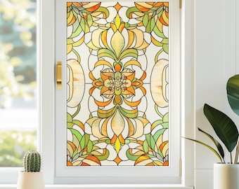 Película para ventanas de vidrio de colores: calcomanía decorativa para privacidad en naranja y verde, vinilo esmerilado no adhesivo con adherencia estática para ventanas del hogar y la cocina