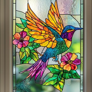 May include: A stained glass window depicting a colorful hummingbird with iridescent wings, perched on a branch with green leaves and pink and yellow flowers.