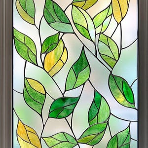 Custom Green Leaf Stained Glass Window Film Privacy Decorative Cling for Bathroom or Kitchen Static Non-Adhesive