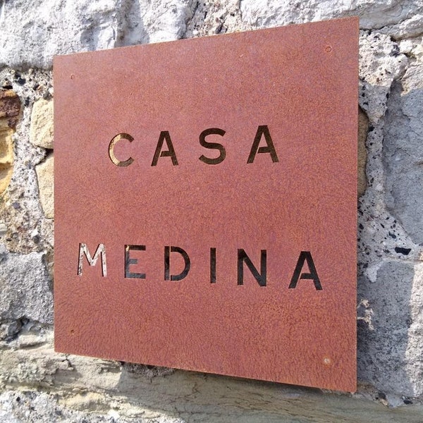 Letrero cuadrado de la casa de acero corten, letrero de la casa de acero desgastado, placa de la casa de acero rústico, letrero de la casa oxidada, letrero de acero personalizado, placa corten